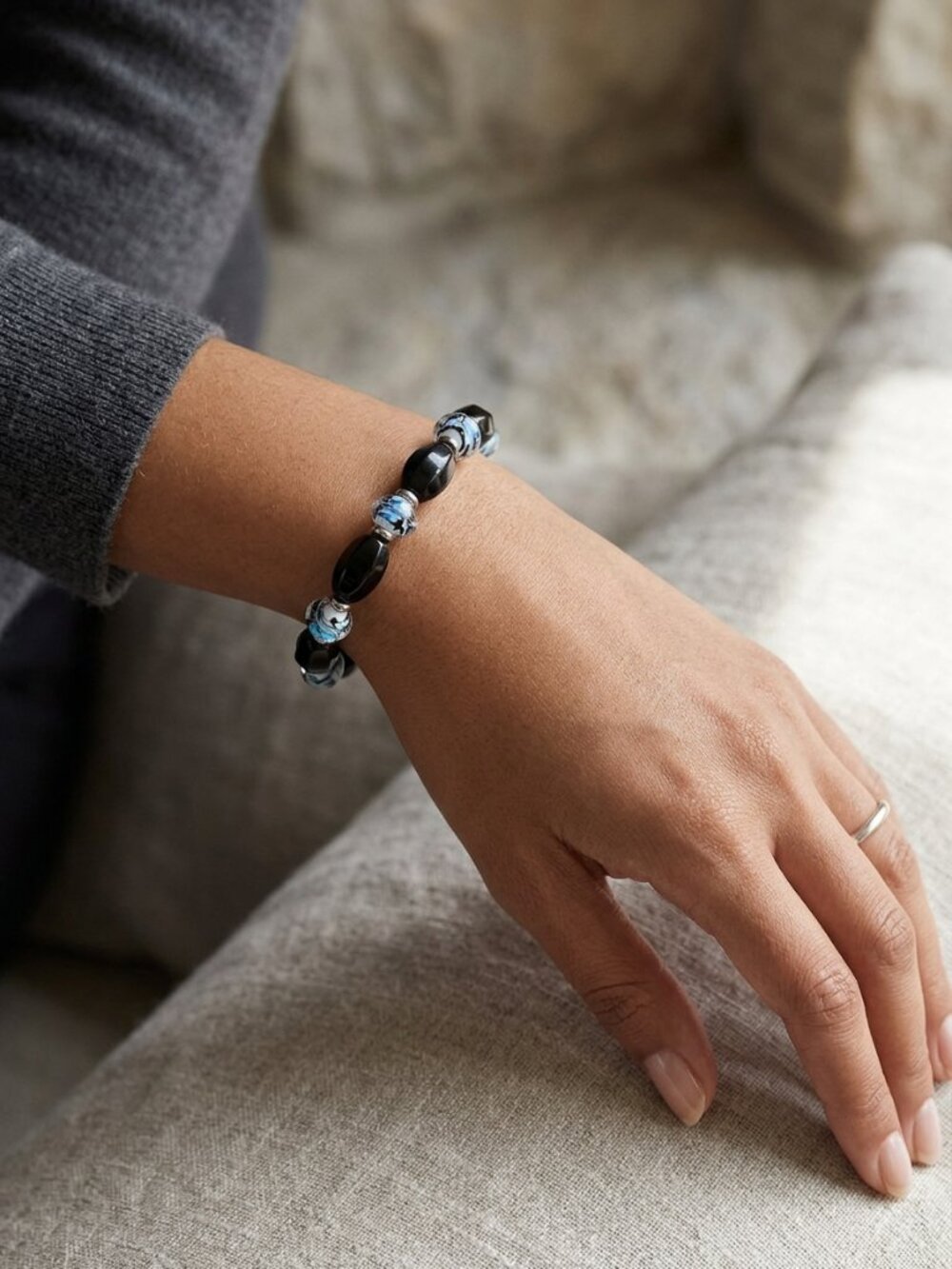 Designs by Forte Beaded Stretch Bracelet Black Blue White Marbled Art Glass